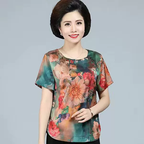 Silk summer clothing for mother, sleeves, summer set, with short sleeve, western style