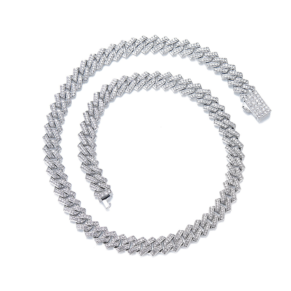 Collar de diamantes completo europeo y americano hip hop 9,5mm barra en forma de cadena cubana hombres y mujeres pareja simple hip hop collar al por mayor