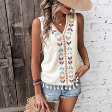 跨境女装外贸2025爆款欧美亚马逊夏季V领刺绣风拼接下摆背心上衣