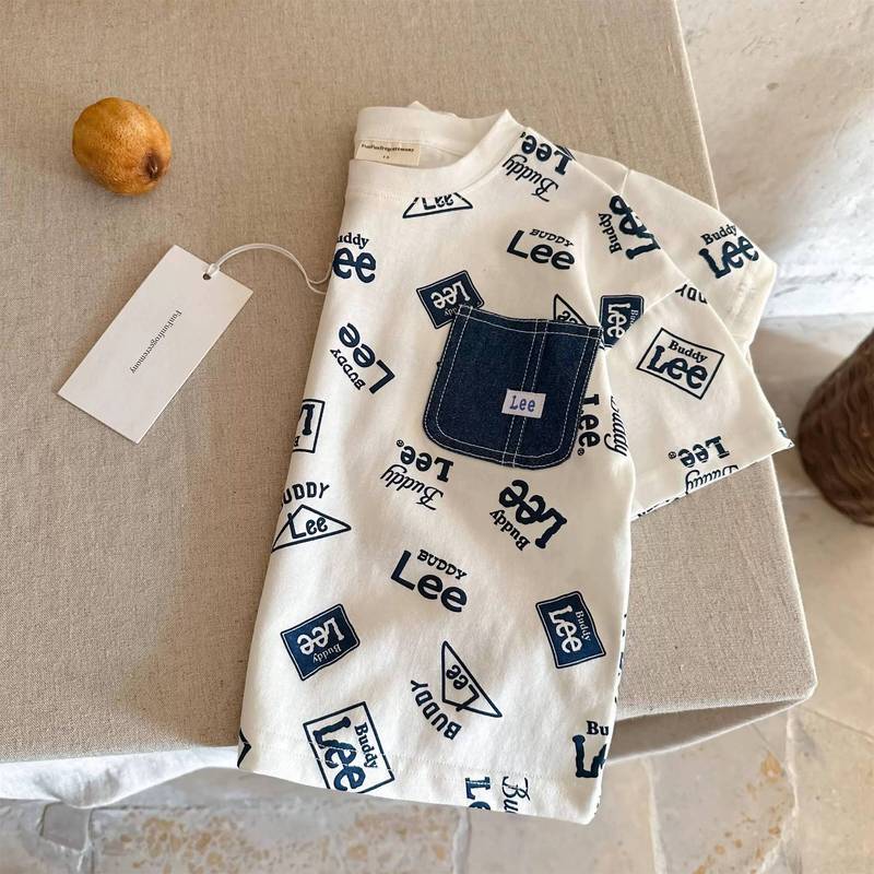 頭の大きいお父さんの子供の半袖のtシャツの夏の男の子の子供は上着のファッションの札の赤ちゃんのポケットの半袖T女性の薄い金をいっぱい印刷します。|undefined