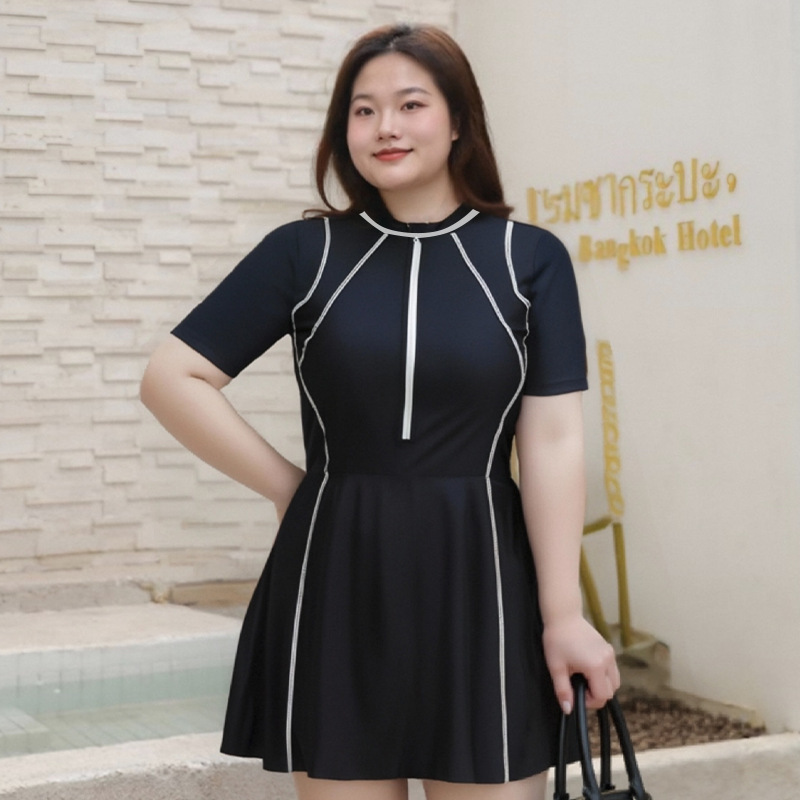 大码连体泳衣女保守胖m120-140斤遮肉显瘦运动风夏季温泉度假泳装|undefined