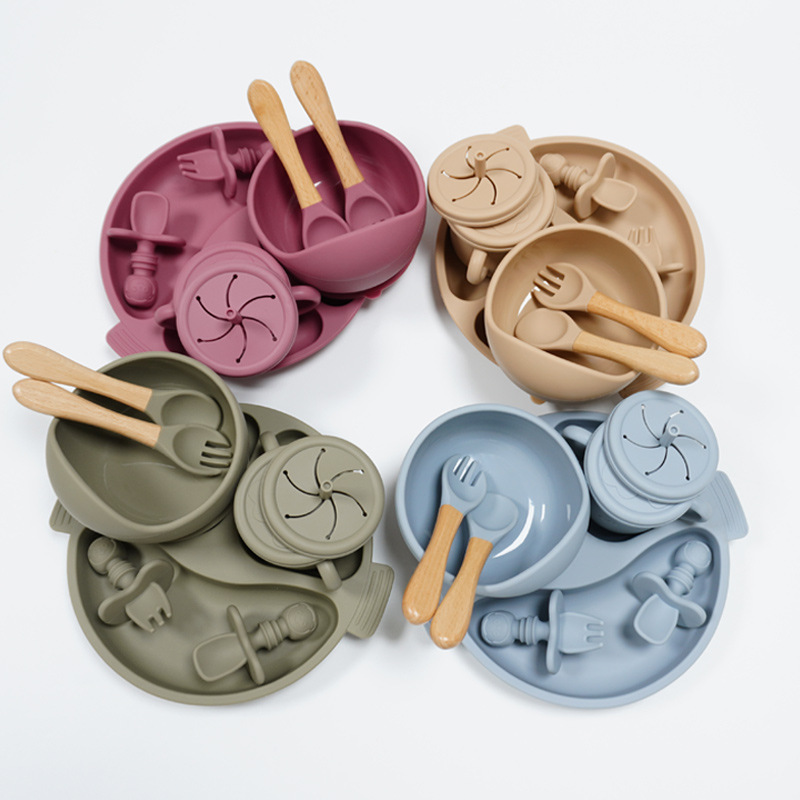 Cross-Border Gift Box Mother and Baby Food Supplement Silicone Dinner Plate Bowl Fork Spoon Bib 8-Piece Tableware Set Drop-Resistant Dinner Plate