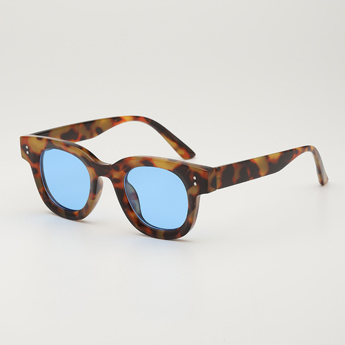 Square Frame UV-Protective Sunglasses for Men, Retro Leopard Print, Black Thick Frame Sunglasses, Teal Tint for Women, Trendy