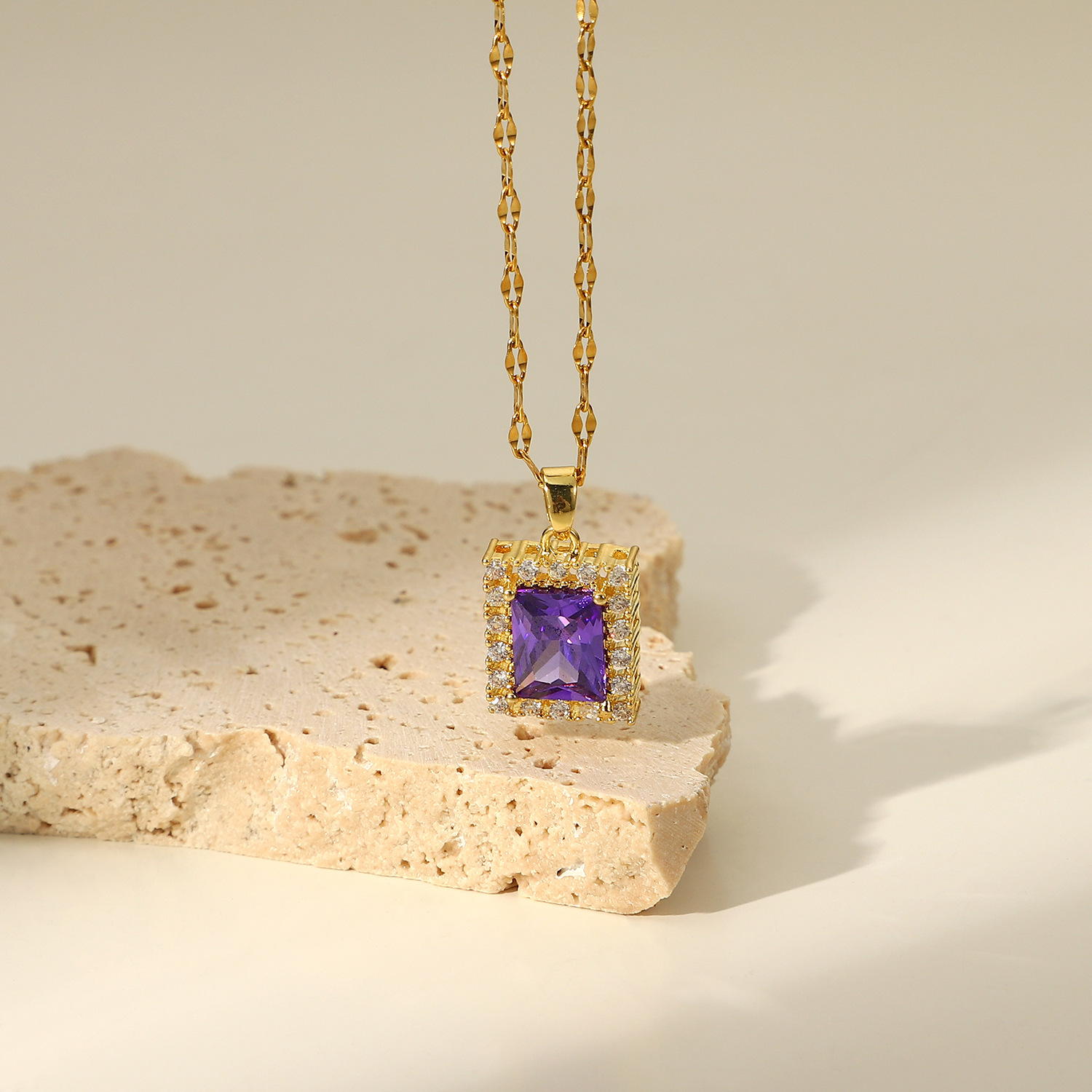 Fashion 18k Gold-plated Stainless Steel Necklace Square Violet Cubic Zirconia Pendant Necklace display picture 3