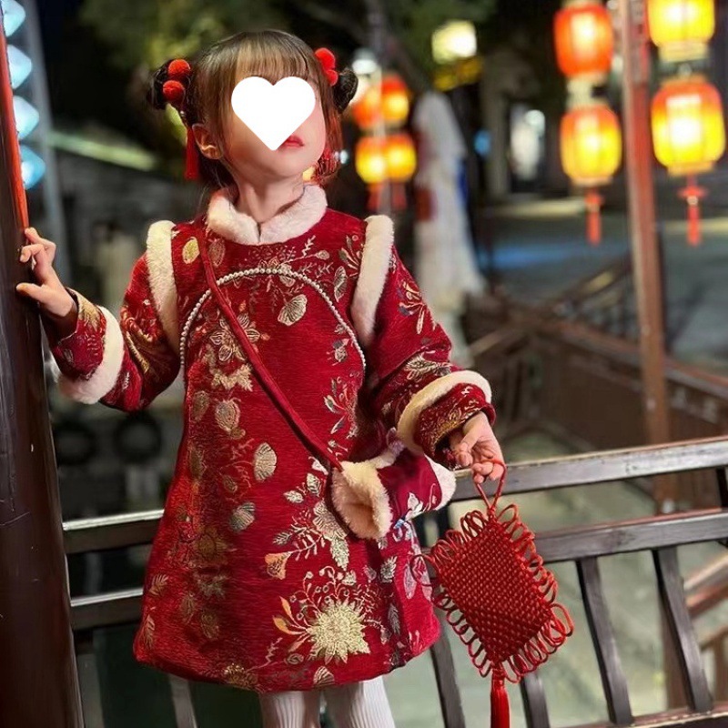 拜年服女童汉服冬款加绒加厚中国风新年服长款儿童旗袍女宝连衣裙