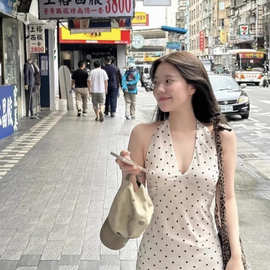跨境白色波点v领挂脖连衣裙女夏法式性感露背气质中长裙子跨境