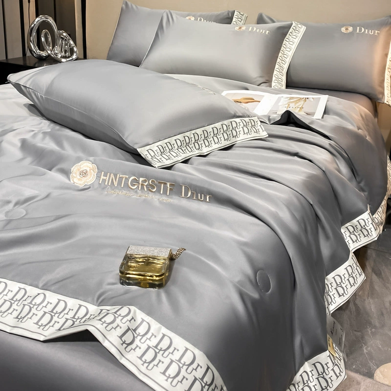 Однотонное летнее одеяло из тенселя, комплект из четырех предметов, простое вышитое широкое края, стираное шелковое ледяное шелковое летнее прохладное одеяло, прохладное одеяло с кондиционером