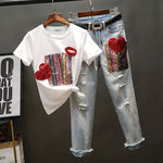 Модные блестки для ногтей, футболка с коротким рукавом, джинсовые штаны, коллекция 2021, высокая талия