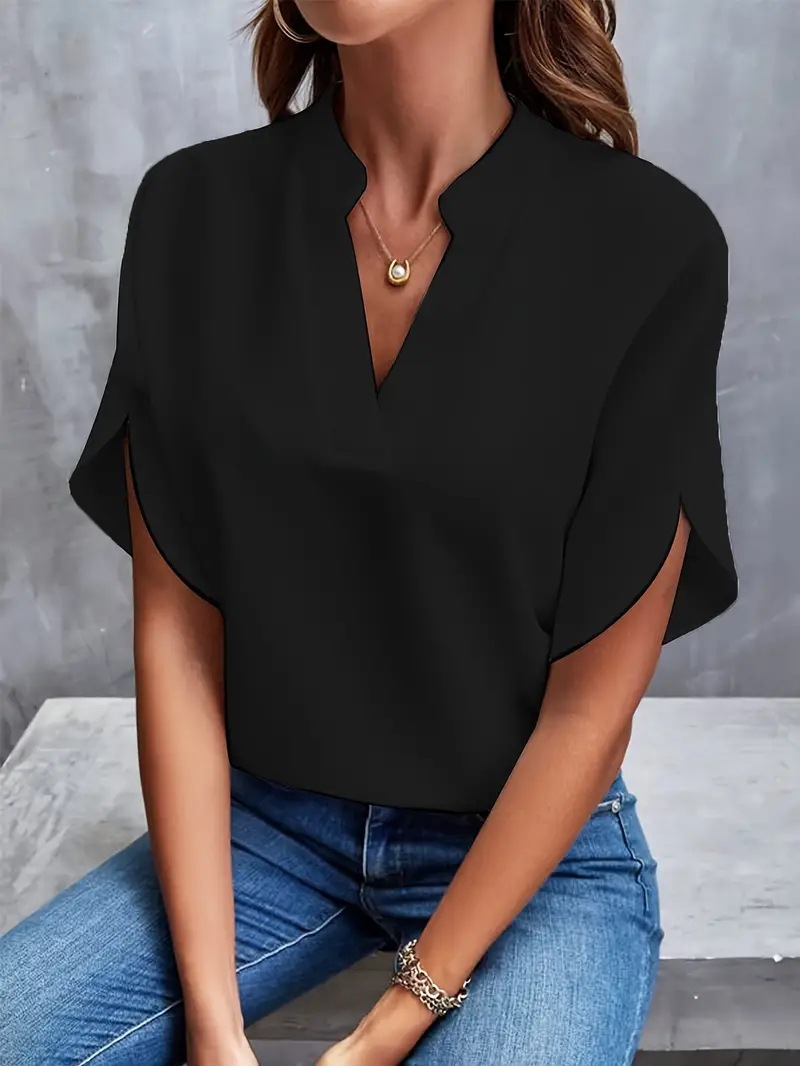 2024 Cross-Border European And American Foreign Trade Women's Summer Casual Short-Sleeve Solid Color V-Neck Loose_ecoleips.com