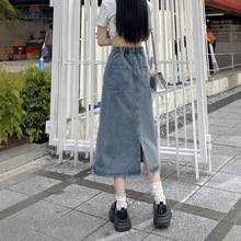 复古开叉牛仔半身裙女夏季2022新款中长款高腰显瘦后松紧腰A字裙