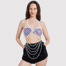 跨境欧美饰品时尚镂空披肩礼服胸链夸张多层珍珠性感胸饰身体链