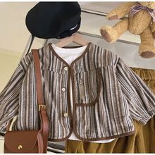 春秋童装男条纹新款外套洋气2025棉麻女童件套韩版休闲裤款俩外套