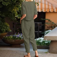 2025跨境女装棉麻夏季通勤搭配套装半袖O领超大罩衫复古两件套