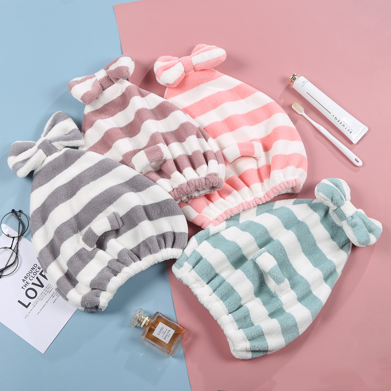 Coral Velour Anionic Bow Tie Hair Dryer Hat Quick Drying Striped Hair Towel Princess Style Shower Cap International Trade Cross-border