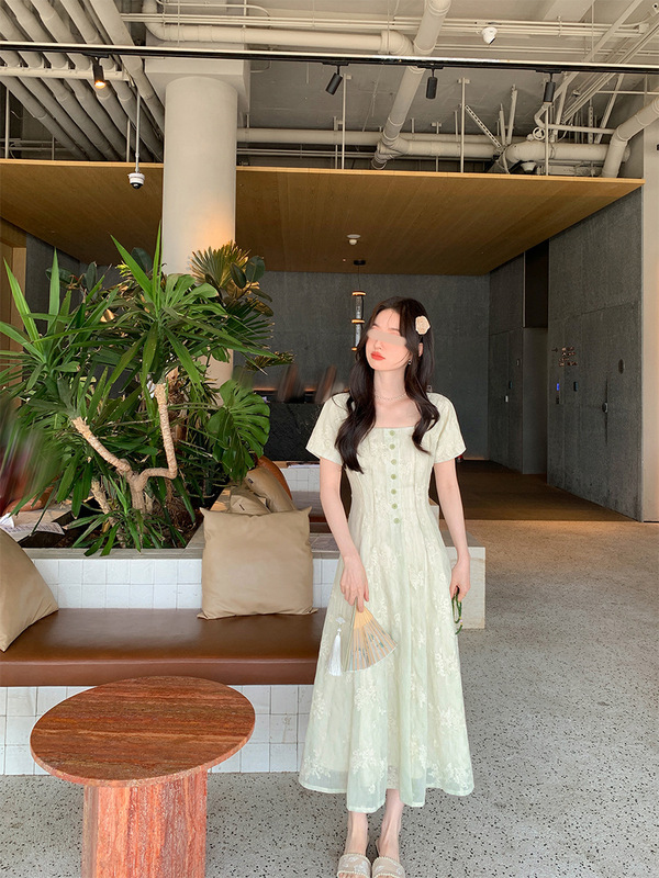 花栗鼠小姐 设计师裙 私藏系列方领连衣裙夏季女意境美感日常长裙|undefined