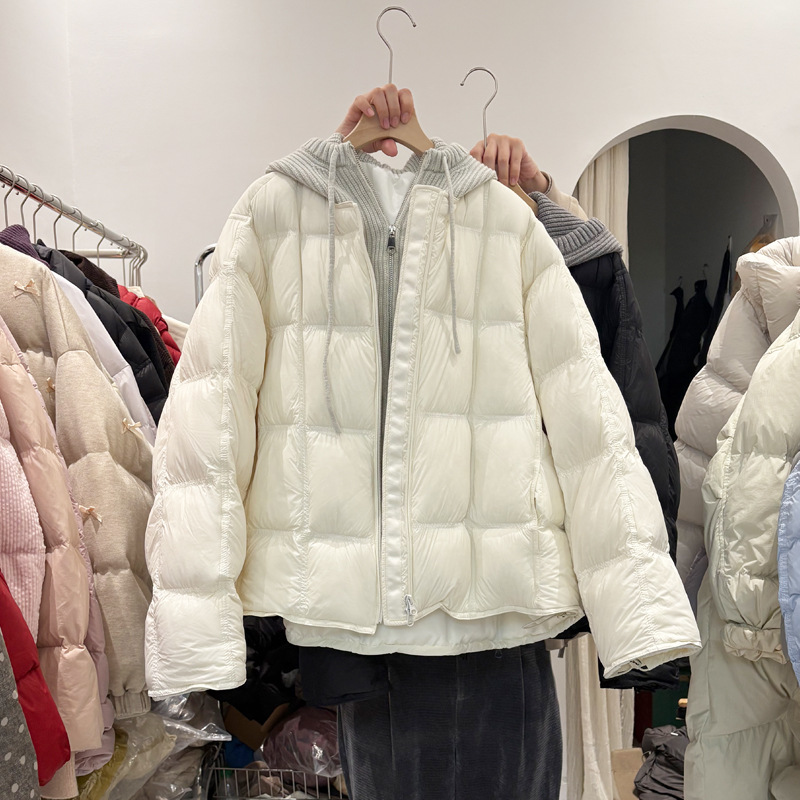 2025 New Winter down Jacket Women's Short Knitted Hooded Fake Two-Piece Korean Style Loose and Super Nice Popular Jacket
