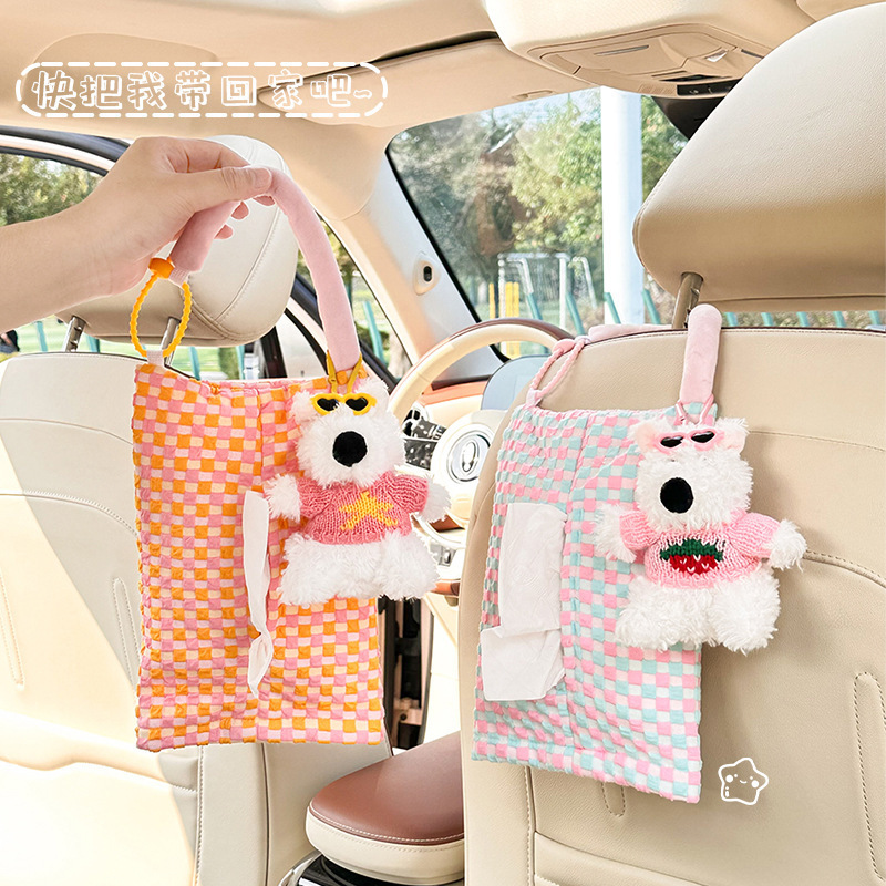 Caja de pañuelos de coche de dibujos animados rojo creativo neto coche colgante toalla de papel caja de dibujo lindo cachorro coche bolsa de pañuelos mujer