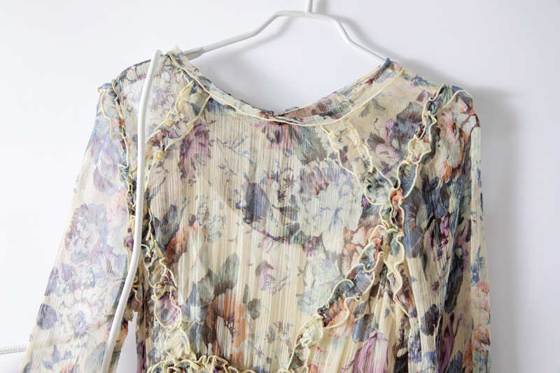 Floral Long Sleeve Silk Dress