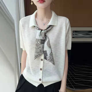 老钱风设计感丝巾Polo领正肩针织衫短袖T恤女夏季宽松显瘦薄上衣