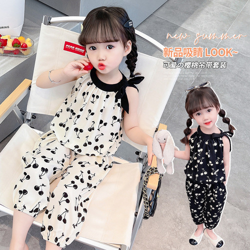 Ladycot Cherry Strappy Set 2024 Summer New Girl Baby Trendy Fashion Two-Piece Set for Middle and Small Children