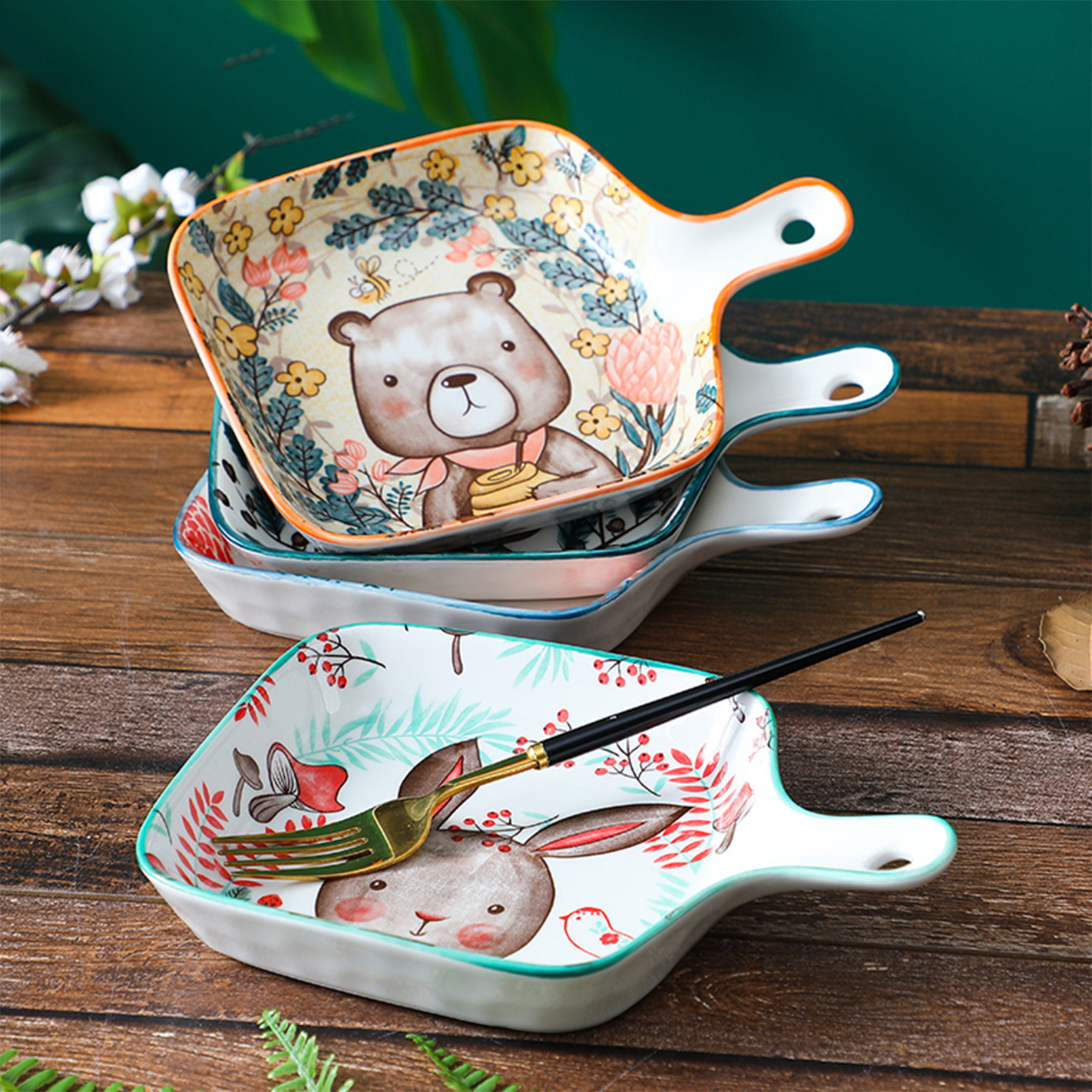 Placa de cerámica de dibujos animados lindo plato para hornear con mango restaurante hogar plato doble oreja placa de arroz al horno placa occidental al por mayor