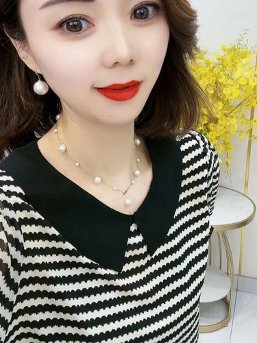 Summer new chiffon shirt for women, all-match striped doll collar, temperament, age-reducing loose belly-covering and slimming top for women