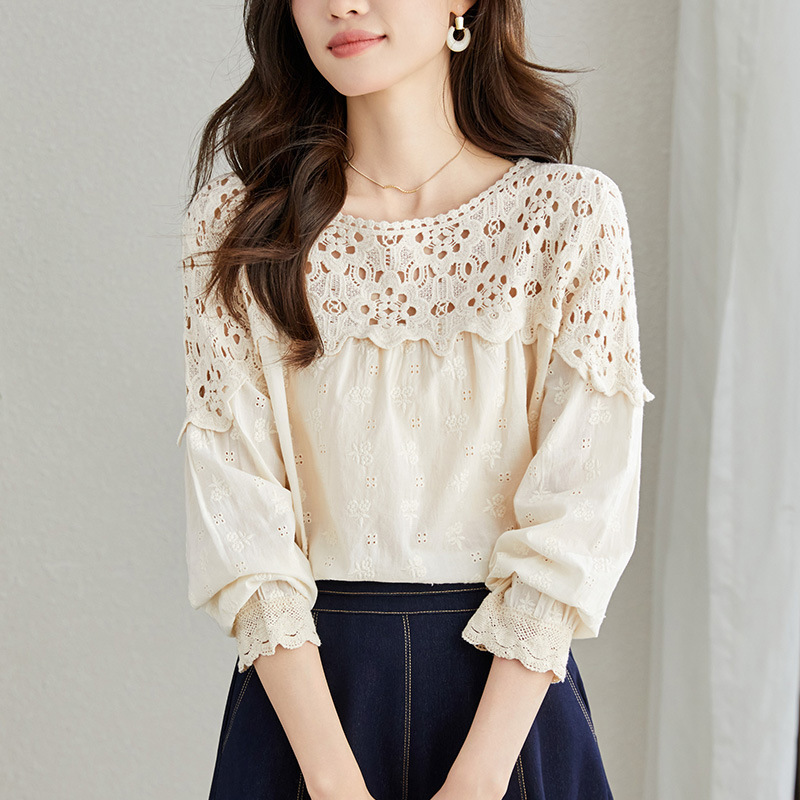 Apricot Lace Hollow-Out Long-Sleeve Blouse for Women, 2024 Autumn New Design, Unique Long-Sleeve Shirt
