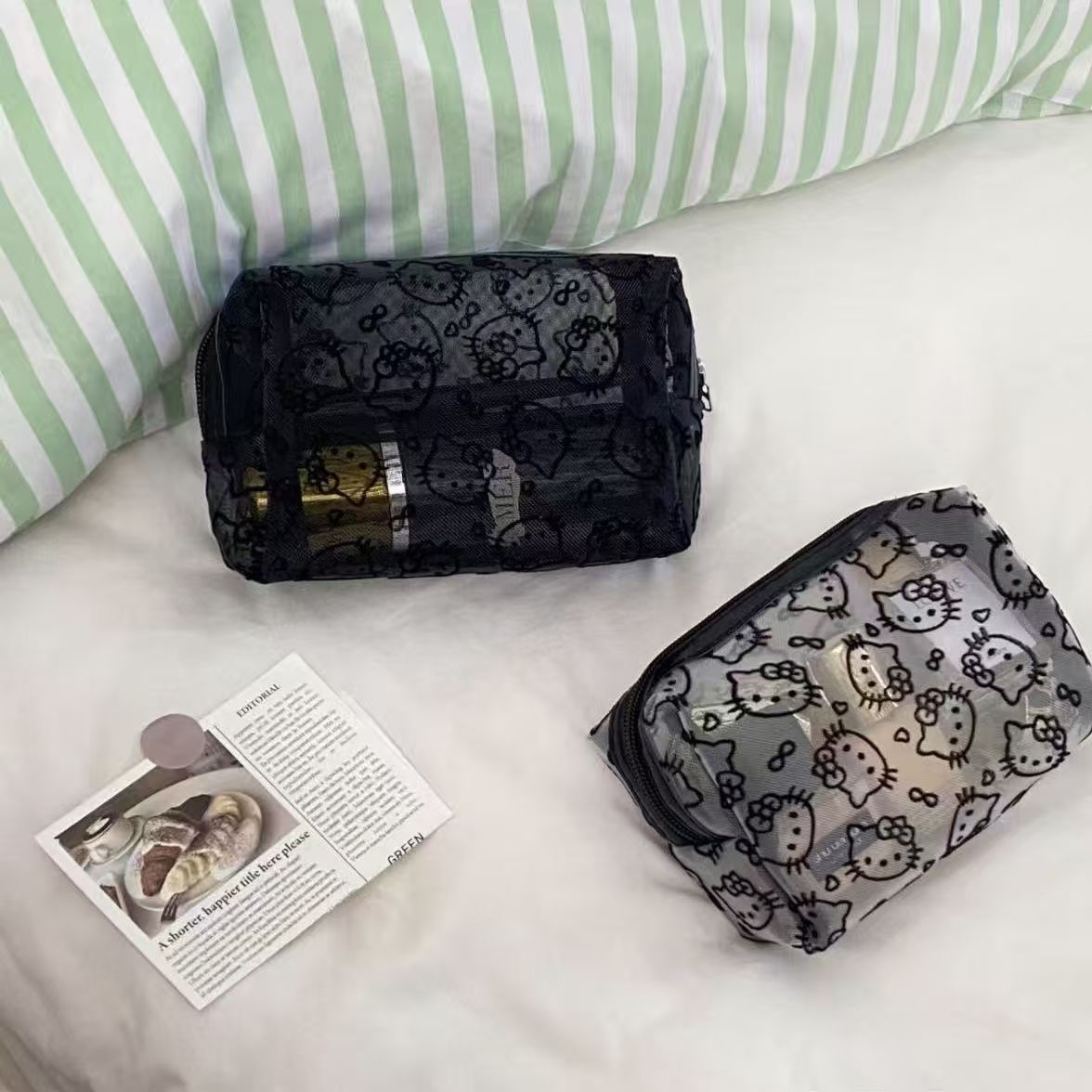 New Transparent Mesh Kitty Makeup Bag Portable Storage Bag Large Capacity Travel Makeup Bag for Women Cute and Fashionable