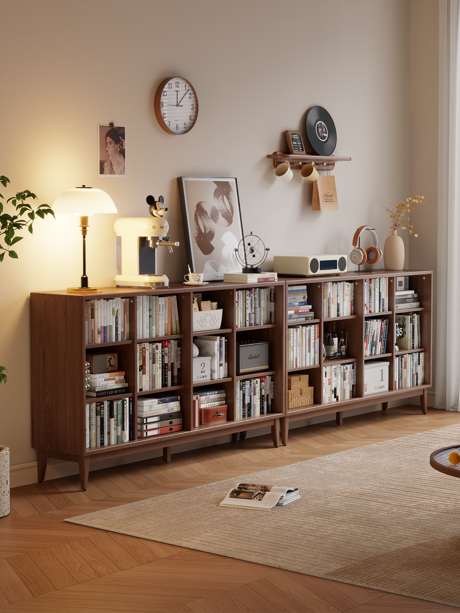 Bookcase Storage Cabinet Integrated Dust-Proof Bookshelf Living Room Home Storage Floor-Standing Low Bookcase Solid Wood Grid Cabinet