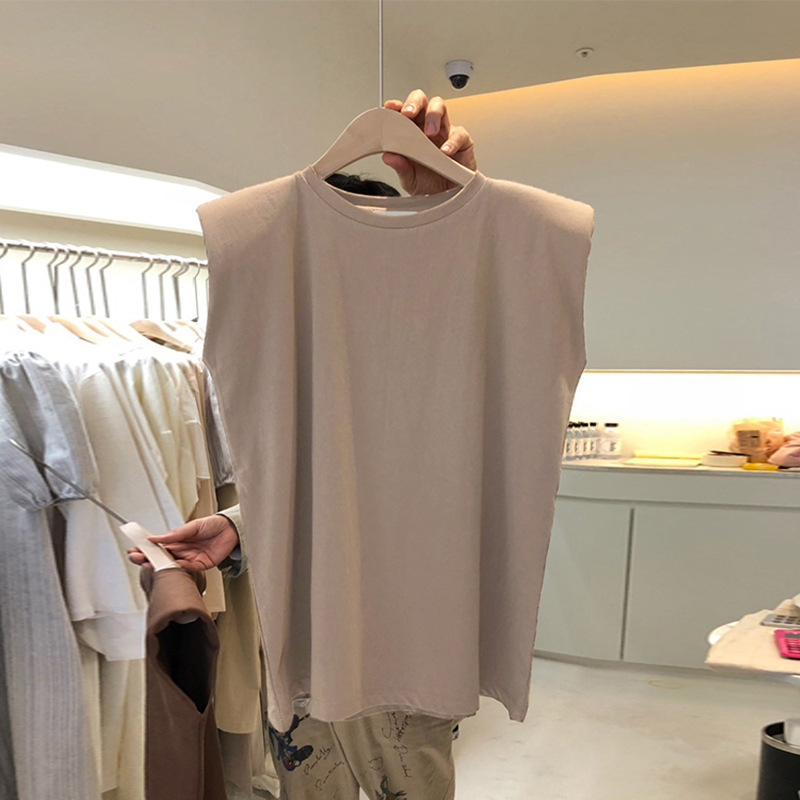 Color sólido cuello redondo ropa exterior camiseta sin mangas de verano de las mujeres camisa de fondo suelta adelgazante chaleco casual ropa superior Corea del Sur ropa de mujer