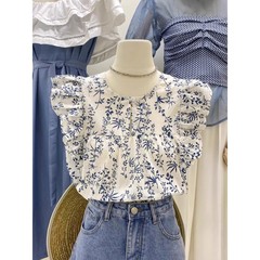 ブランドのヨーロッパの婦人服のフランスの花のシャツの女性の夏のデザイン感の小さい飛の袖の洋風は年齢を減らします独特な上着