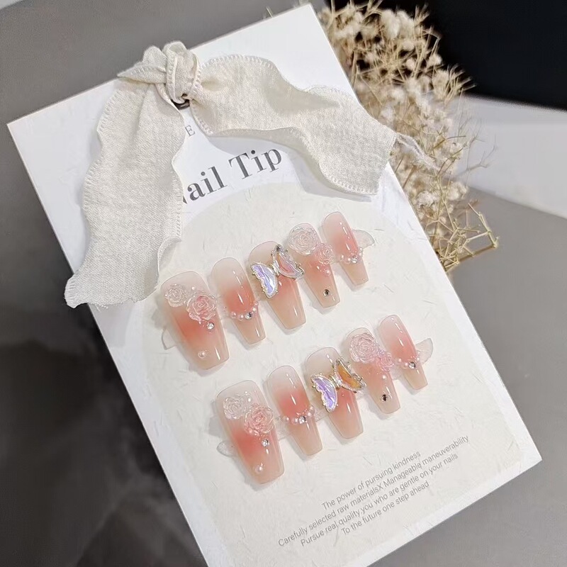 Wearing 10 pieces of armor S158 Ice Moon Butterfly Ladder Pearl Handmade Nail Patch Fake Nail Girl Cute Pure Desire
