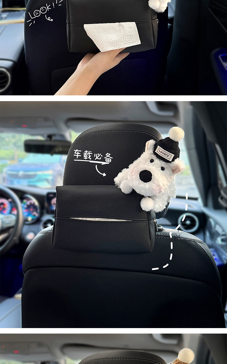 Car-Mounted Tissue Box, Car Hanging Tissue Bag, West Highland Headrest Tissue Box, Front and Rear Seat Decoration, Cute Cartoon for Women