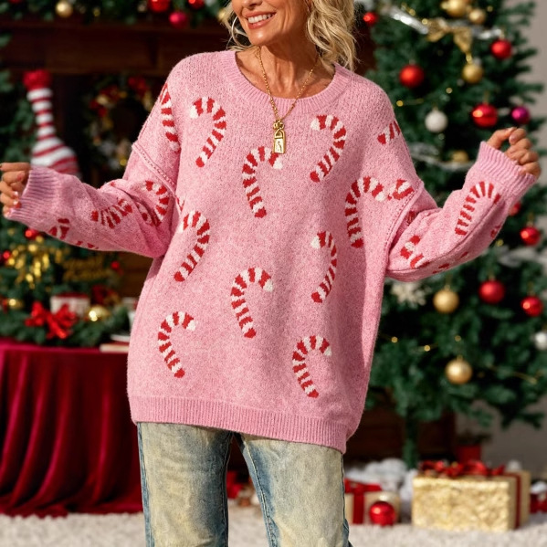 2025 New Autumn and Winter Cross-Border European and American Clothing Christmas Candy Bar Long-Sleeved Pullover Sweater Round Neck Loose Top