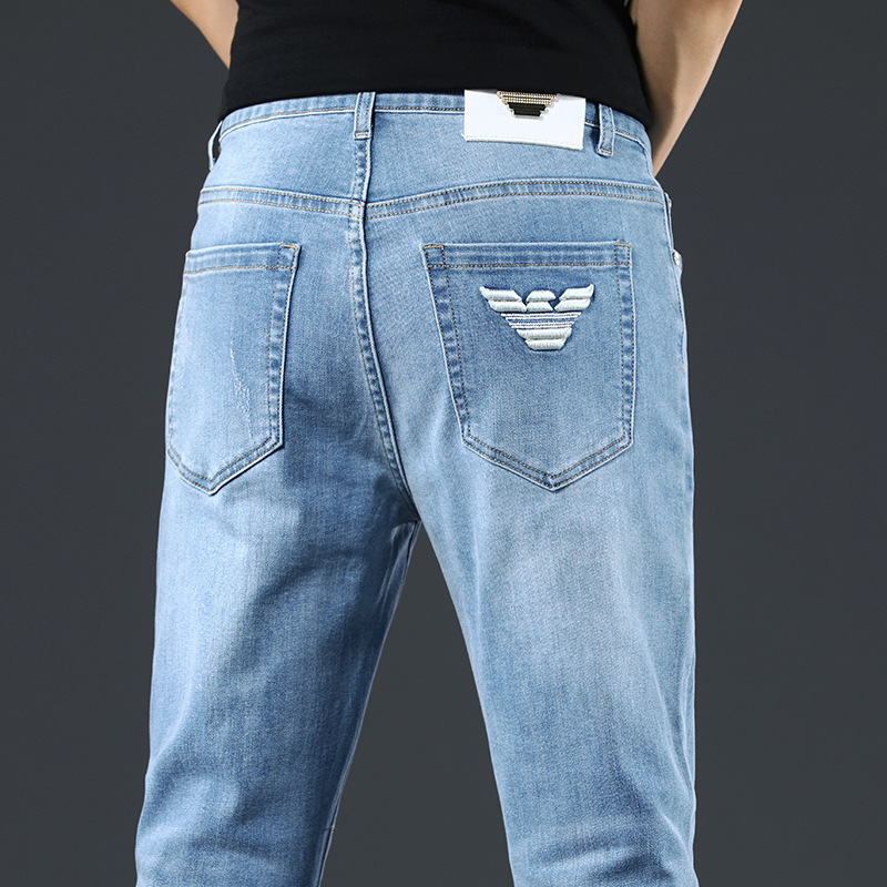 2022 Spring and Summer New Men's Jeans Korean Cotton Elastic Small Straight Slim-fit Grey Foreign Trade Embroidered Long Pants