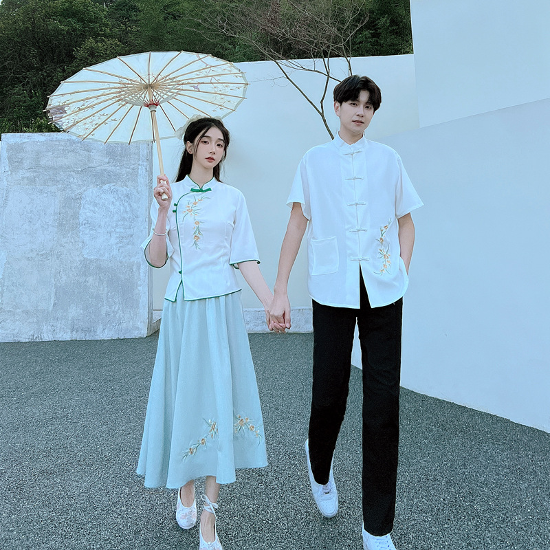 新款民国风情侣装夏季短袖刺绣设计小初高中毕业服班服校服表演服