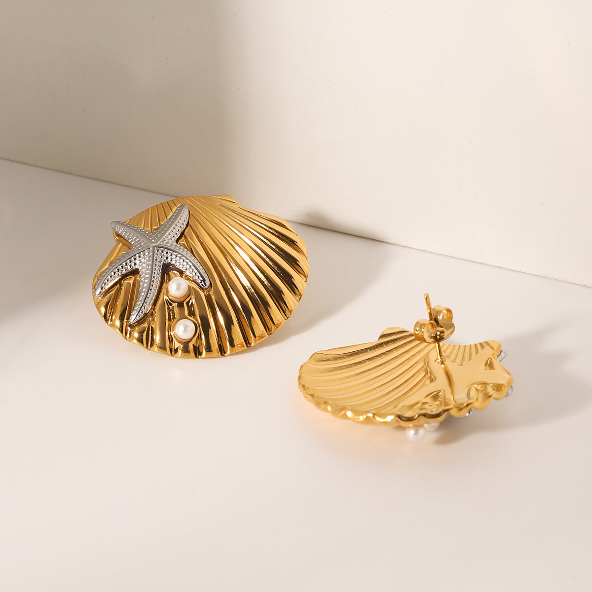 304 Stainless Steel Material Scallop, Starfish Pattern PVD Coated Real Gold Plated Scallop Starfish 304 Stainless Steel Marine Style Modern Style Waterproof Non Tarnish Rings Earrings