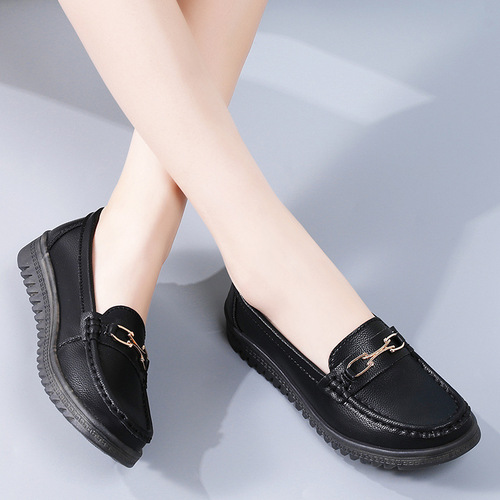 Women's Leather Flat Shoes with Calfskin Insoles, Suitable for Middle-Aged and Elderly Mothers, Slip-On Bean Shoes, Soft and Non-Slip Casual Leather Shoes