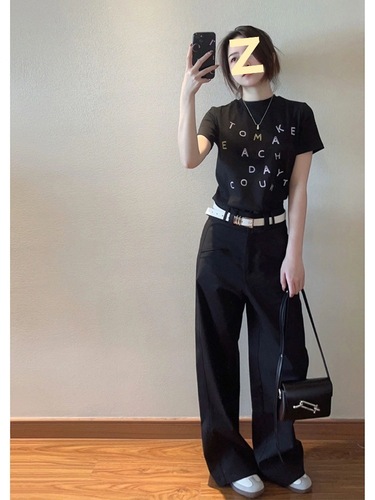 Black high-waisted straight overalls for women summer European and American vibe drape loose wide-leg floor-length suit pants