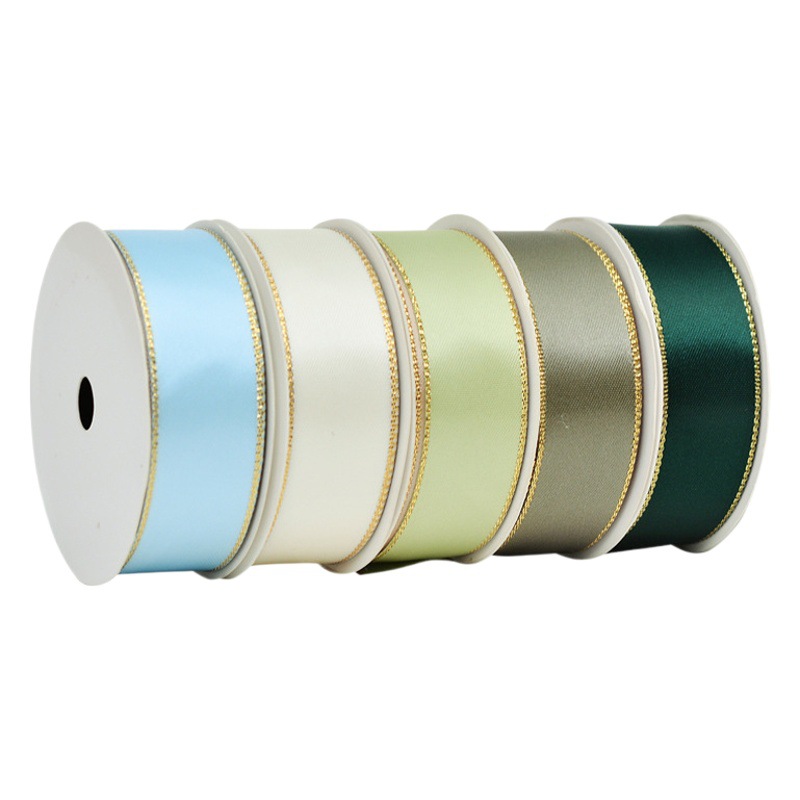 Cinta de alta densidad de la fábrica de cintas Yao Ming, cinta de regalo con borde dorado, cinta para pasteles, cinta de satén, cinta para decoración de ramos