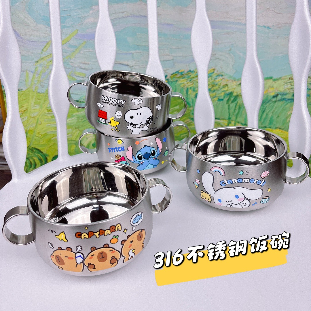 Snoopy Kuromi Stainless Steel Bowl Cute Baby Food Bowl Double-Layer Thickeneded Anti-Fall and Anti-Scalding Kidsren's Bowl Tableware