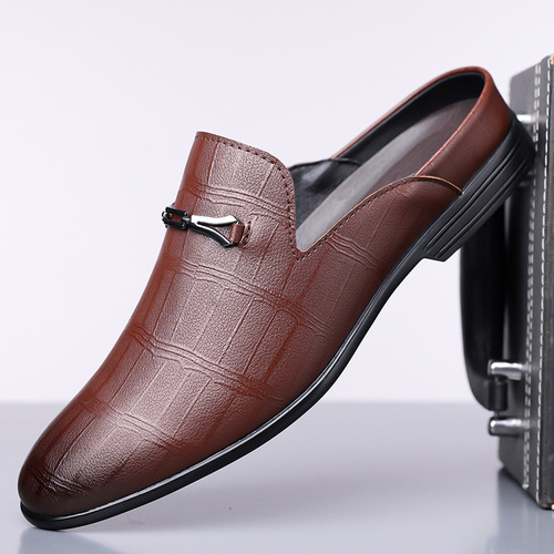 Leather summer flat head half slippers men's business casual bright leather shoes pointed formal dress men's shoes