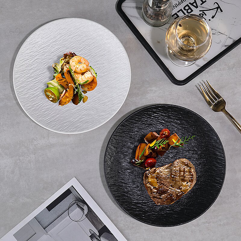 Japanese style stone pattern black and white ceramic frosted beef steak plate wholesale spaghetti plate high color value commercial steak plate