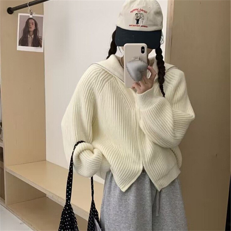 Casual Style Cardigan Women's Knitted Top Versatile Autumn and Winter Petite Short Loose Outerwear Navy Collar Sweater Jacket Casual Style Cardigan Women's Knitted Top Versatile Autumn and Winter Petite Short Loose Outerwear Navy Collar Sweater Jacket