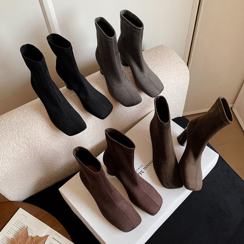 Autumn and Winter Boots Women's Short Boots Thick Heel Slim Boots Fashionable Mango Toe Women's Boots High Heel Nude Boots Suede Fashion Boots Women