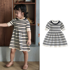 Girls' Lace Striped Knit Dress 2024 Summer New Children's Clothing Cute Baby Princess Dress