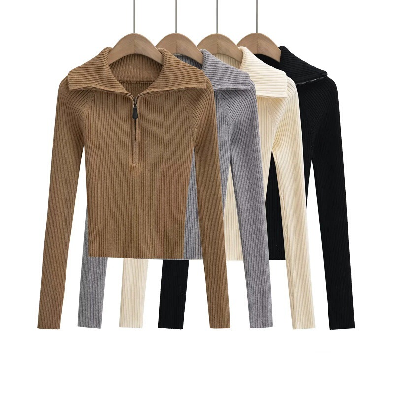 2023 autumn and winter New retro polo collar long sleeve slim-fit short sweater with lapel thread half zipper knitted