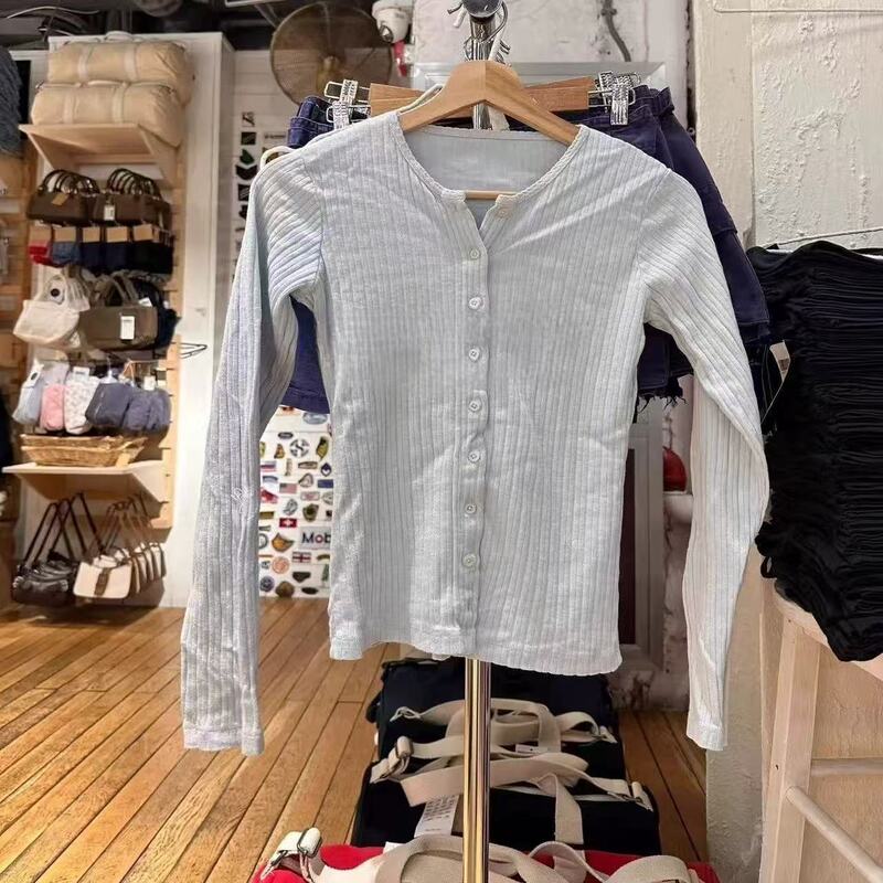 Bm Style Light Blue Lace Collar Single-Breasted Cut Out Long-Sleeved T-Shirt for Women, Versatile Inner Layering Cardigan Slimming Look Top