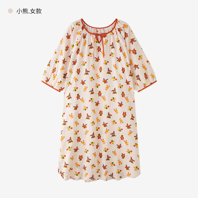 かわいい多62-フレンチパジャマ女性夏純綿ガーゼパジャマ七分袖ゆるい大サイズ綿妊婦ロングスカート
