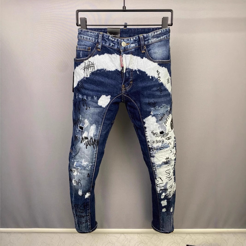 2026 Spring/Summer New D2 Trendy Men's Ripped Patchwork 3D Cut Graffiti Print Slim Fit Stretch Skinny Jeans 2026 Spring/Summer New D2 Trendy Men's Ripped Patchwork 3D Cut Graffiti Print Slim Fit Stretch Skinny Jeans